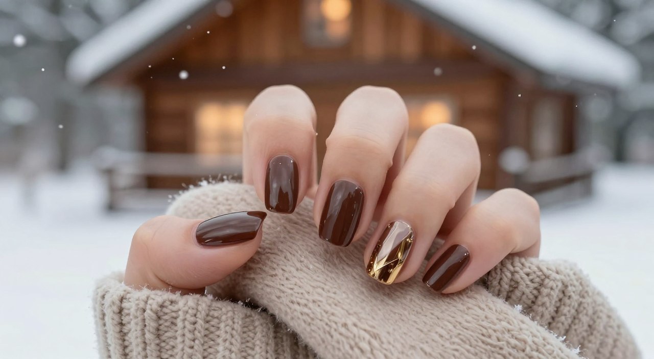 glossy brown nails winter manicure