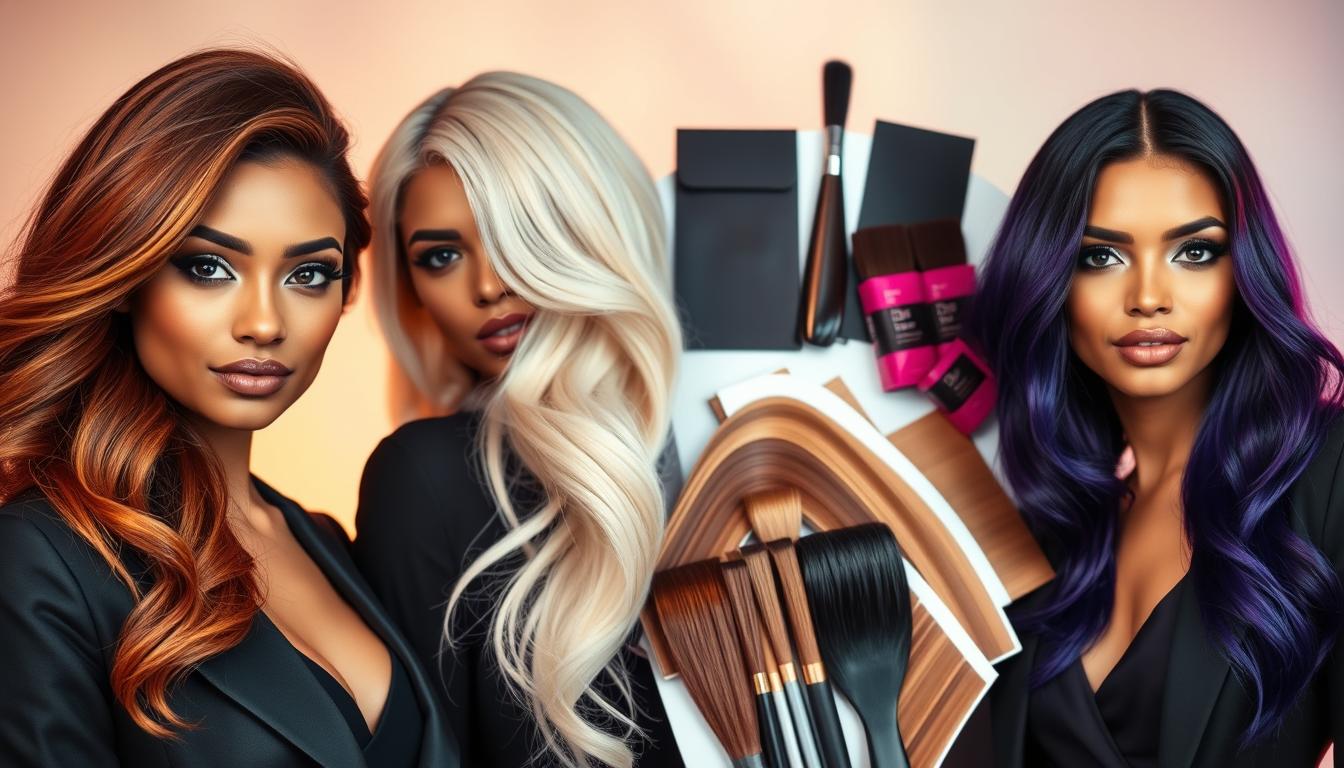 A vibrant and stylish composition showcasing various hair color strategies for different hair types. In the foreground, three diverse women of different ethnic backgrounds are featured, each displaying a unique hair color shade—rich auburn, platinum blonde, and deep violet. They are dressed in chic, professional attire, exuding confidence and elegance. The middle ground features swatches of hair color samples arranged artistically, highlighting various tones and techniques like balayage, ombre, and dip-dye. The background is softly blurred with a light pastel gradient, suggesting a modern salon environment. The scene is illuminated with warm, soft lighting to create an inviting and trendy atmosphere, emphasizing the beauty and versatility of hair color trends for women. The angle of the shot is slightly above eye level, giving a dynamic perspective to the arrangement.