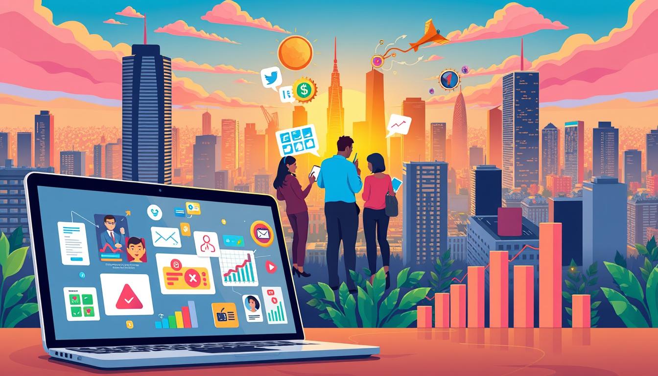 A vibrant, dynamic illustration showcasing effective promotion strategies for maxbounty affiliate offers. In the foreground, a laptop displays various digital marketing tactics like social media, email campaigns, and influencer partnerships. The middle ground features a team of savvy affiliate marketers brainstorming ideas, with colorful charts and graphs highlighting key performance metrics. In the background, a bustling cityscape represents the global reach of the maxbounty network, illuminated by a warm, golden glow. The overall composition conveys a sense of innovation, collaboration, and the vast potential of maxbounty's affiliate marketing opportunities.