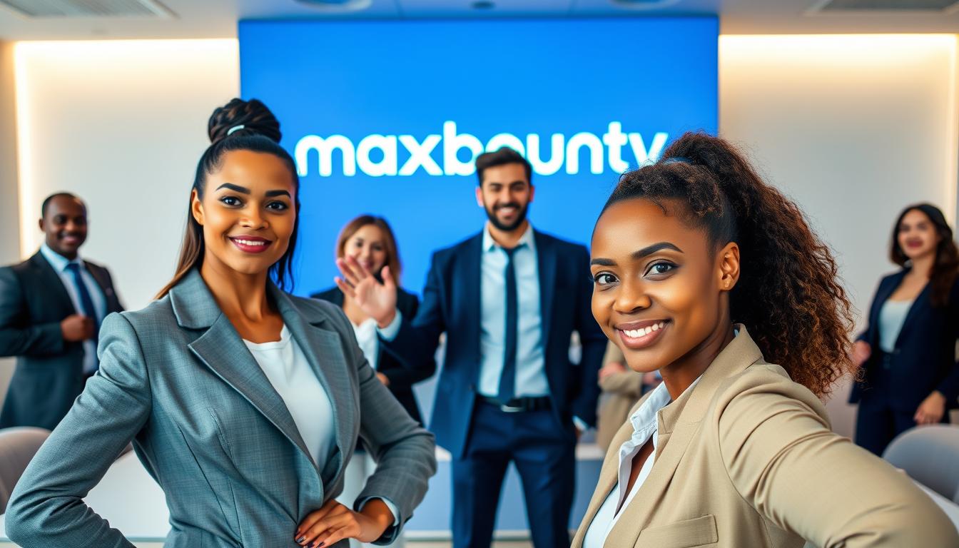A dynamic group of diverse professional models, showcasing the power of MaxBounty's affiliate marketing program. In the foreground, a confident woman in a sleek business attire strikes a poised, marketing-savvy pose. In the middle ground, a young entrepreneur gestures enthusiastically, conveying the excitement of MaxBounty's revenue-generating opportunities. The background features a modern, minimalist office setting, with clean lines and neutral tones that accentuate the focal point - the "maxbounty" brand prominently displayed. The lighting is soft, directional, highlighting the models' features and creating a polished, aspirational atmosphere.