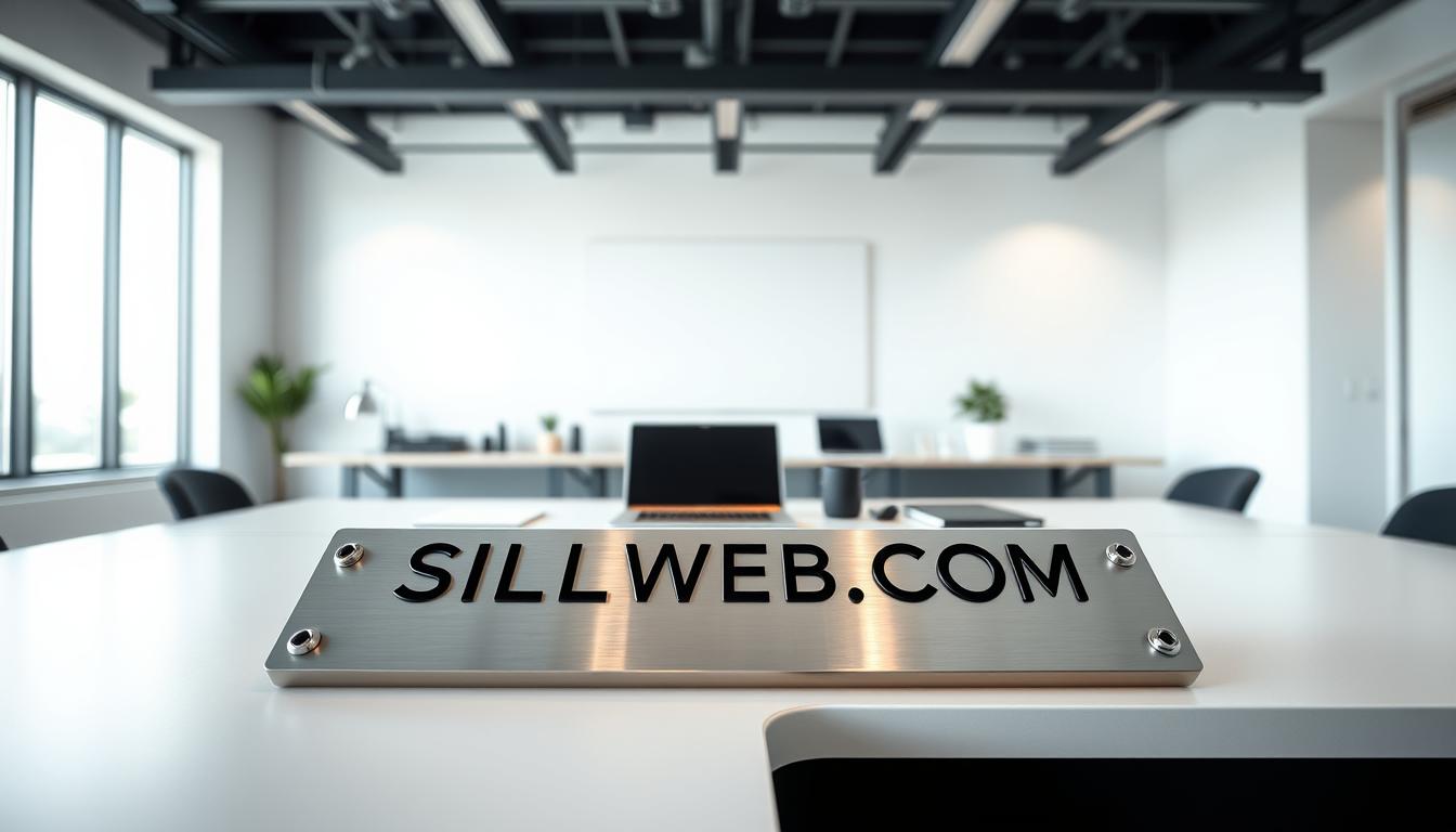 A minimalist, modern workspace with a large desk displaying a laptop, tablet, and various office supplies. In the foreground, the brand name "SILLWEB.COM" is prominently displayed on a sleek metal plaque. The background features a clean, white wall with a large window letting in natural light. The overall atmosphere is one of sophistication, professionalism, and a focus on customizable branding. The lighting is soft and diffused, creating a warm, inviting ambiance. The camera angle is slightly elevated, giving a sense of authority and attention to detail.