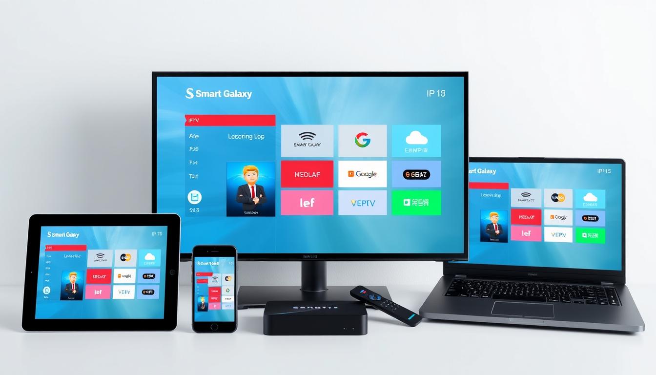 Smart Galaxy IPTV running on multiple devices including smartphones, tablets, and smart TVs