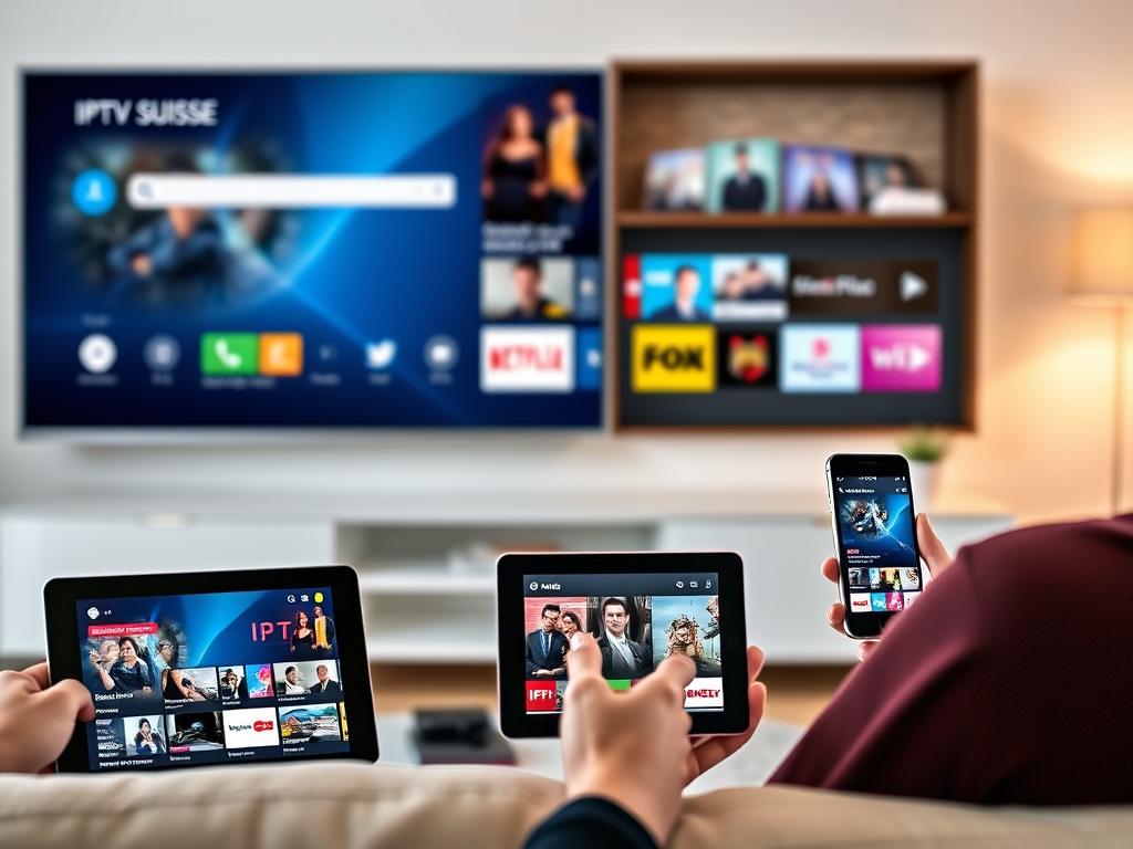 Différents appareils affichant le service IPTV Suisse en fonctionnement
