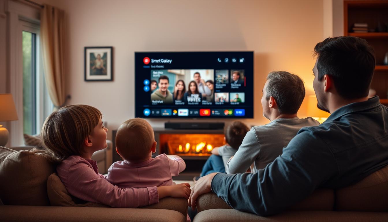 Family enjoying Smart Galaxy IPTV on their living room television