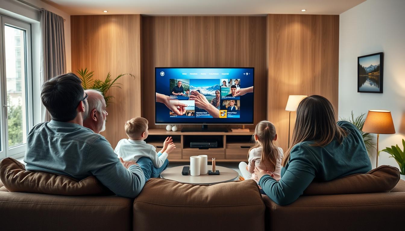 Famille suisse profitant d'un service IPTV dans leur salon