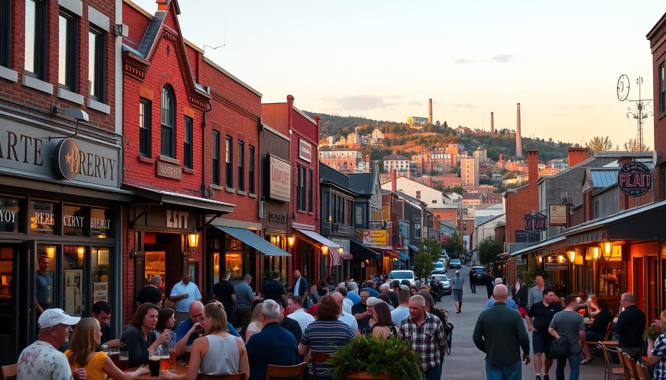 a bustling street scene of local breweries, with warm lighting and a cozy atmosphere. in the foreground, a group of people gathered around a outdoor patio, enjoying craft beers and lively conversation. behind them, the facades of several breweries, each with unique architectural styles and inviting signage. in the middle ground, a thriving microbrewery with large windows showcasing the brewers at work, creating the perfect pint. in the background, a hilly landscape dotted with more breweries, their towers and chimneys rising into a golden sunset sky. the scene conveys a sense of community, tradition, and the joyful celebration of national beer lover's day.