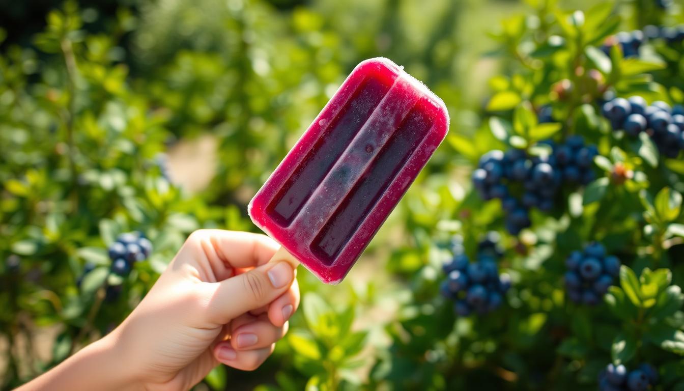 A vibrant, delectable blueberry popsicle takes center stage, its deep indigo hue glistening in the warm summer sunlight. The popsicle is held by a child's small hand, their face alight with joy as they savor the refreshing treat. In the background, a lush, verdant garden provides a serene backdrop, with blueberry bushes dotting the landscape, their ripe fruit ready to be picked. The image is captured with a soft, diffused lens, creating a dreamlike, inviting atmosphere that beckons the viewer to join in the delightful moment.