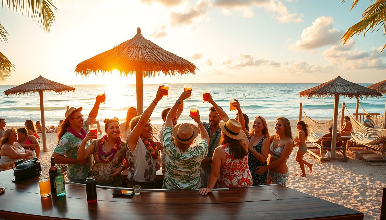 A warm, sun-drenched beach setting with a lively National Rum Day celebration in full swing. In the foreground, a group of friends gathered around a tiki-style bar, raising their glasses filled with tropical cocktails. Colorful leis, Hawaiian shirts, and straw hats add to the festive atmosphere. In the middle ground, a row of beach umbrellas and hammocks invite guests to relax and unwind. The background features a vibrant sunset over the gently lapping waves, casting a golden glow across the scene. The lighting is soft and natural, creating a dreamy, island-inspired mood. A wide-angle lens captures the full scope of the celebration, evoking the spirit of the day and the joyful camaraderie of the revelers.