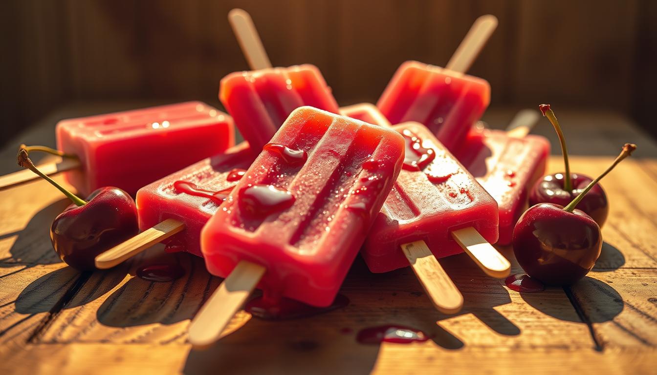 Vibrant cherry popsicle flavors in a dynamic still life. An array of popsicles in classic red, pink, and purple hues, dripping with delicious juices. The popsicles are arranged on a rustic wooden surface, casting soft shadows. Warm, golden lighting illuminates the scene, creating a summery, nostalgic atmosphere. The popsicles are photographed from a low angle, emphasizing their playful, whimsical nature. The composition is balanced, with the popsicles positioned to draw the eye towards the center of the frame. The overall mood is one of joy, indulgence, and the simple pleasures of a hot summer day.