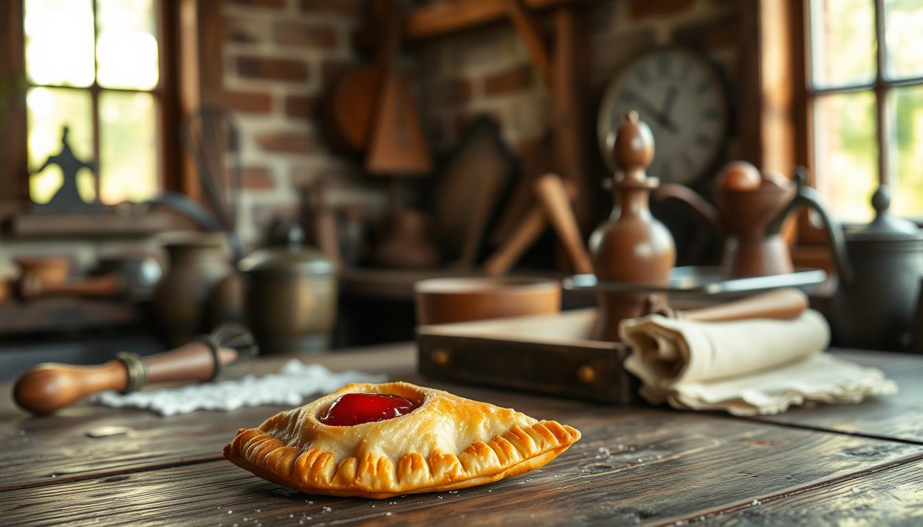 A charming vintage scene depicting the rich history of the beloved cherry turnover. In the foreground, a delicate, golden-crusted pastry sits atop a weathered wooden table, its filling a vibrant ruby red. Soft, natural lighting filters through an old-fashioned window, casting a warm, nostalgic glow. In the middle ground, antique baking tools and utensils, each with a story to tell, are arranged neatly. The background features a cozy, rustic kitchen, with hints of aged brick and worn wooden beams, hinting at the centuries-old tradition of this delectable treat. The overall mood is one of timeless elegance and the comforting embrace of cherished culinary heritage.
