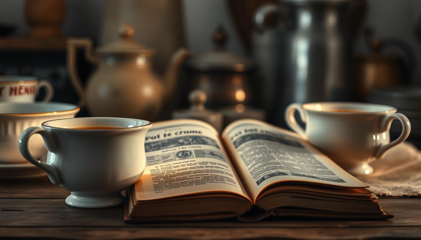 A delicate arrangement of antique porcelain pots de crème, their delicate silhouettes gently illuminated by soft, warm lighting. The foreground features the elegant vessels, their glazed surfaces reflecting the ambient glow. In the middle ground, a vintage recipe book lies open, its yellowed pages hinting at the rich history of this beloved French dessert. The background is a softly blurred tableau of old-world kitchenware, evoking a sense of timeless tradition. The overall mood is one of refined elegance, inviting the viewer to explore the captivating story of pots de crème, a cherished culinary treasure.