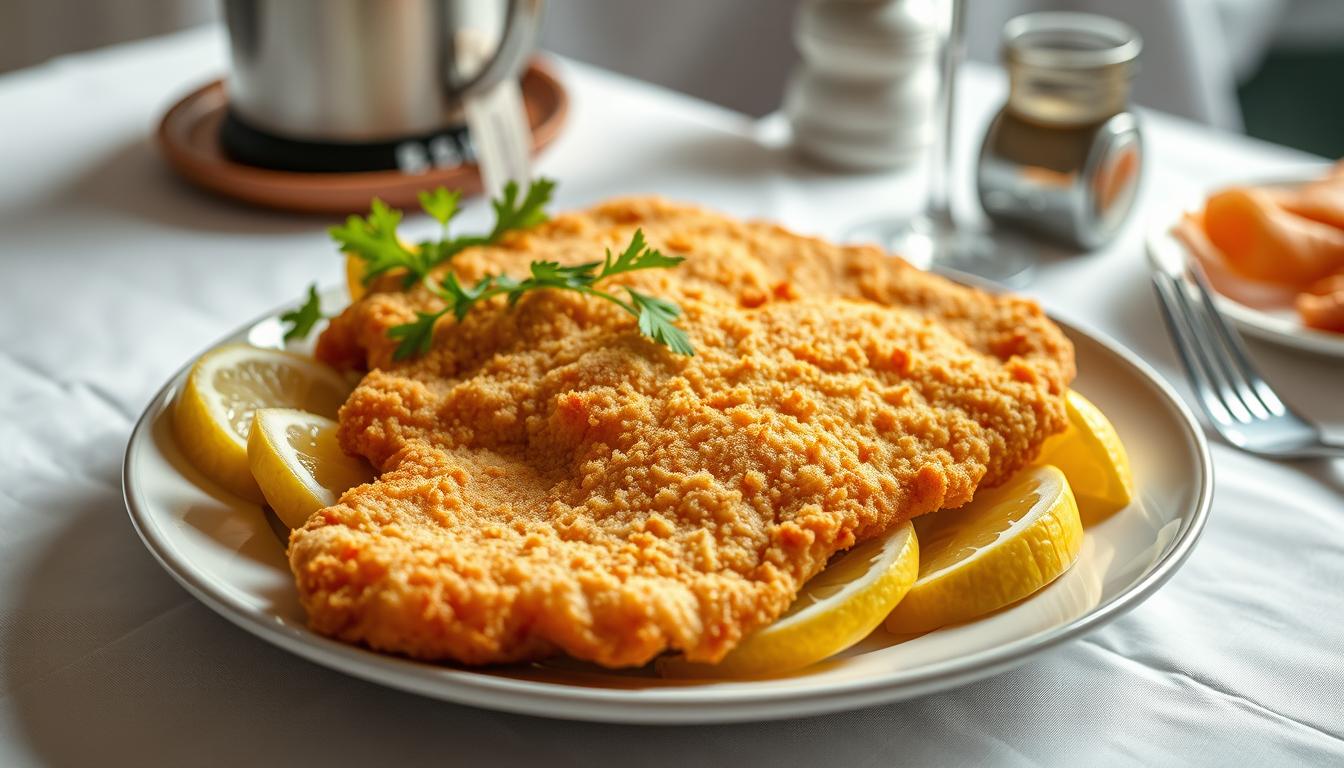 A sumptuous plate of authentic Wienerschnitzel, golden-brown and crispy, resting on a bed of lemon wedges. The tender veal cutlet, breaded to perfection, casts a warm glow under the soft, diffused lighting. In the background, a classic white tablecloth sets the stage, hinting at the elegant setting of an old-world Viennese cafe. The composition is balanced, with the Wienerschnitzel taking center stage, surrounded by a carefully curated array of garnishes that accentuate its flavor and presentation. This image captures the essence of the iconic dish, inviting the viewer to savor its delectable crunch and succulent texture.