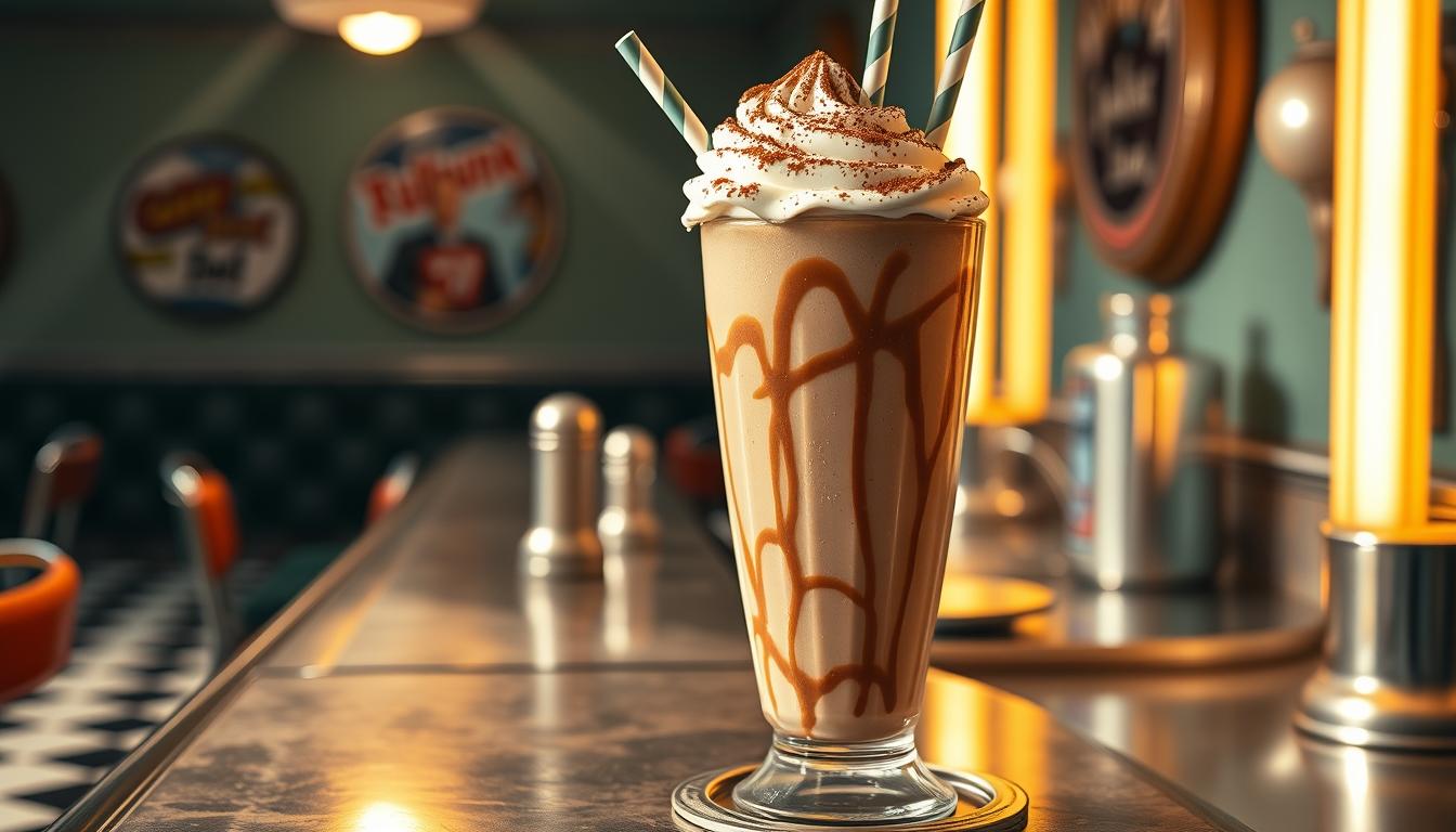 A delectable chocolate milkshake sits atop a shiny metal counter, surrounded by a retro-style diner setting. The milkshake is thick and creamy, with a generous swirl of whipped cream and a sprinkling of cocoa powder on top. Shafts of warm, golden light from vintage wall sconces cast a cozy glow, while the diner's checkered floor and chrome accents create a nostalgic, 1950s atmosphere. The milkshake is the focal point, inviting the viewer to indulge in this classic, indulgent treat on a special day dedicated to its celebration.