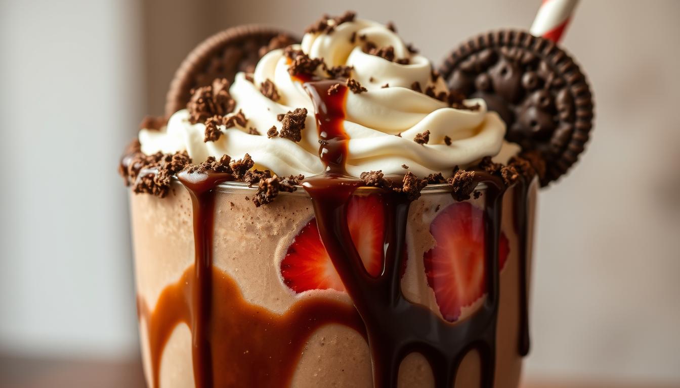 Prompt A decadent chocolate milkshake, its frothy surface crowned with a dollop of freshly whipped cream. The glass is rimmed with crumbled chocolate cookies, adding a delightful crunch. Drizzles of rich chocolate syrup cascade down the sides, creating an inviting display. Nestled within the creamy mixture are plump, juicy strawberries, their vibrant red hues contrasting beautifully. The scene is illuminated by warm, soft lighting, creating a cozy and indulgent atmosphere. The camera angle is slightly elevated, capturing the milkshake in all its glory, highlighting the unique and elevated ingredients that elevate this classic treat.