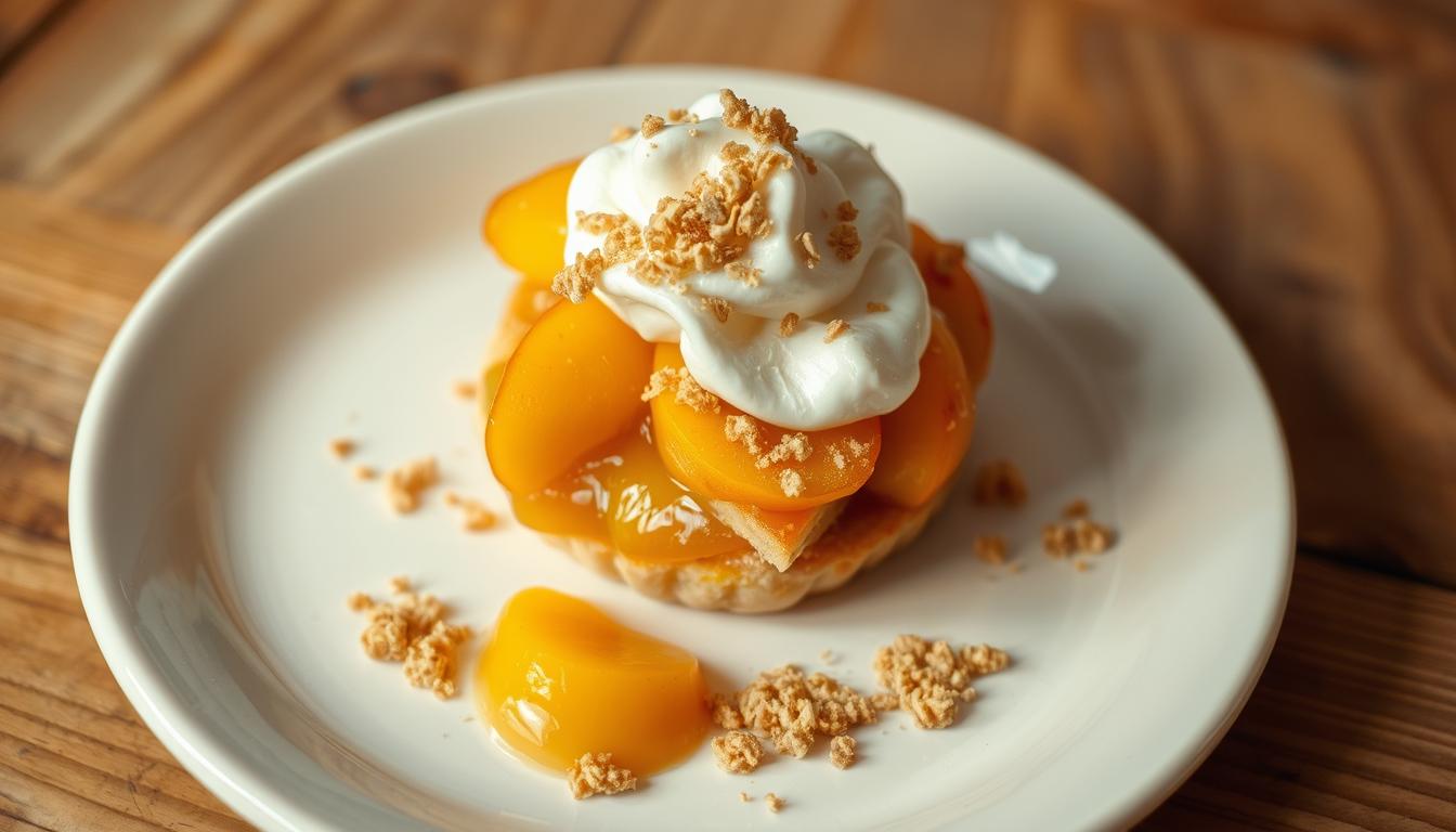 A delectable peach dessert rests on a white ceramic plate, its golden-hued slices crowned with a dollop of whipped cream and a sprinkling of crushed graham crackers. The soft lighting casts a warm, inviting glow, highlighting the dessert's flaky crust and juicy, caramelized peach filling. In the background, a wooden table surface provides a rustic, natural backdrop, complementing the dessert's artisanal presentation. The overall composition evokes a sense of comfort, indulgence, and the essence of a classic American summertime treat.