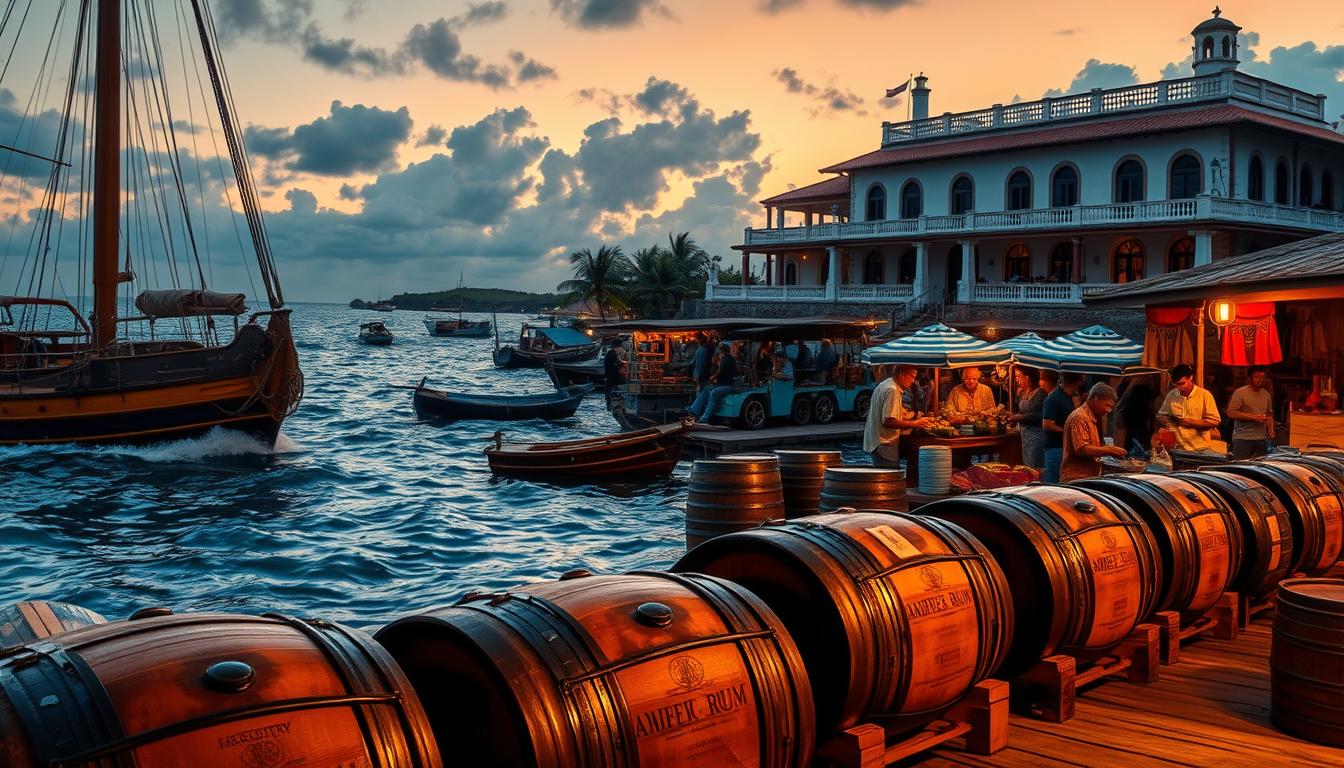 A bustling Caribbean seaport at dusk, waves lapping against weathered wooden docks. In the foreground, casks of aged rum are being hoisted onto a merchant ship, their labels hinting at the spirit's storied history. The mid-ground features a vibrant open-air market, locals bartering over fragrant spices and tropical fruits. In the background, a majestic 18th-century colonial mansion overlooks the harbor, its verandas casting long shadows as the sun dips below the horizon. A warm, golden glow suffuses the scene, evoking the rich cultural heritage and maritime traditions that have shaped the Caribbean's relationship with rum over centuries.