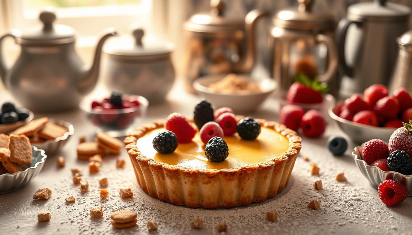 A festive table set for a delightful vanilla custard celebration. In the center, a decadent custard tart takes center stage, its golden-brown crust glistening under warm, directional lighting. Surrounding it, an array of artfully arranged toppings - fresh berries, crumbled cookie bits, and a light dusting of powdered sugar - add pops of color and texture. In the background, a soft, blurred scene of vintage kitchenware evokes a cozy, nostalgic atmosphere. The overall mood is one of indulgence and delight, capturing the spirit of a special day devoted to the creamy, comforting flavors of vanilla custard.