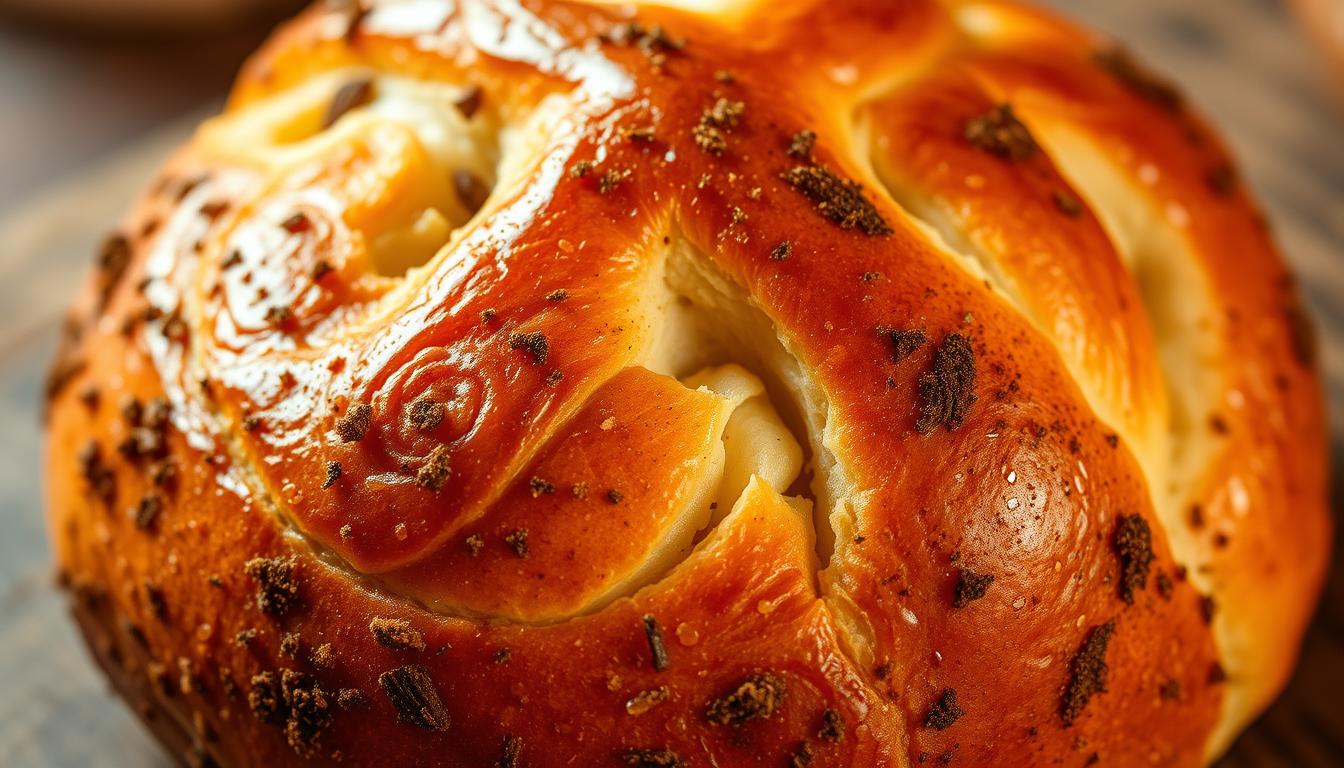 A freshly baked, golden-brown loaf of spiced bread, its crust glistening under soft, warm lighting. Delicate, intricate patterns of cinnamon, nutmeg, and clove swirl across the surface, creating a mesmerizing visual feast. The bread's interior is light and fluffy, revealing a tantalizing cross-section that hints at the depth of flavor within. The scene is captured from a slightly elevated angle, allowing the viewer to appreciate the bread's artisanal craftsmanship and the inviting aroma that wafts from the frame. An appetizing and visually captivating representation of the perfect hot cross bun, ready to inspire and delight.
