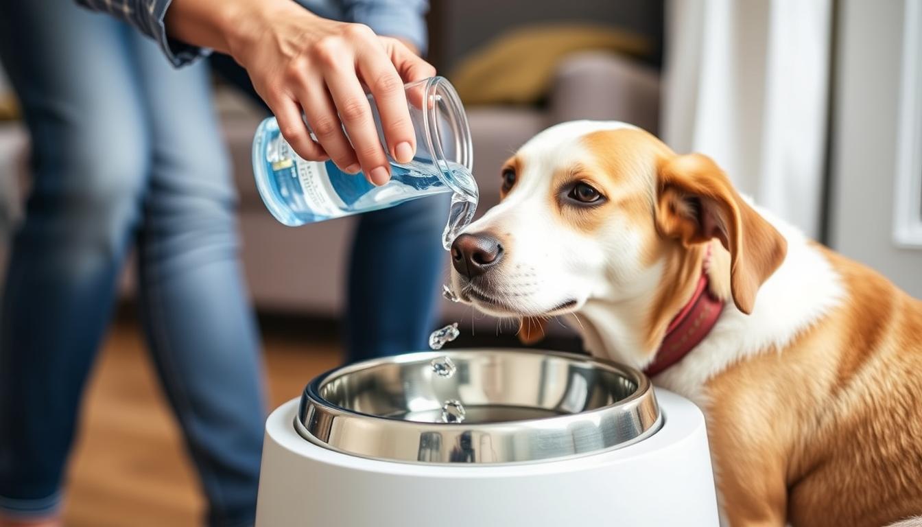Dog owner providing clean water to prevent Giardia in dogs