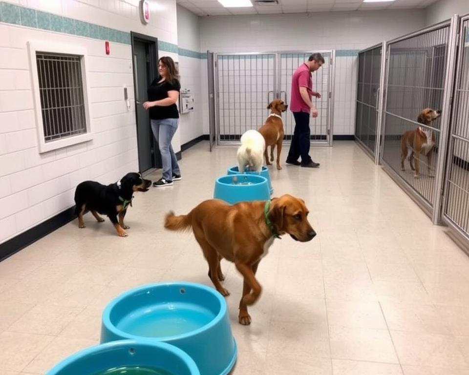 Dog at boarding facility with clean environment to prevent Giardia