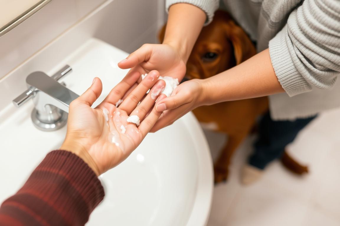 Person washing hands after handling dog to prevent Giardia transmission