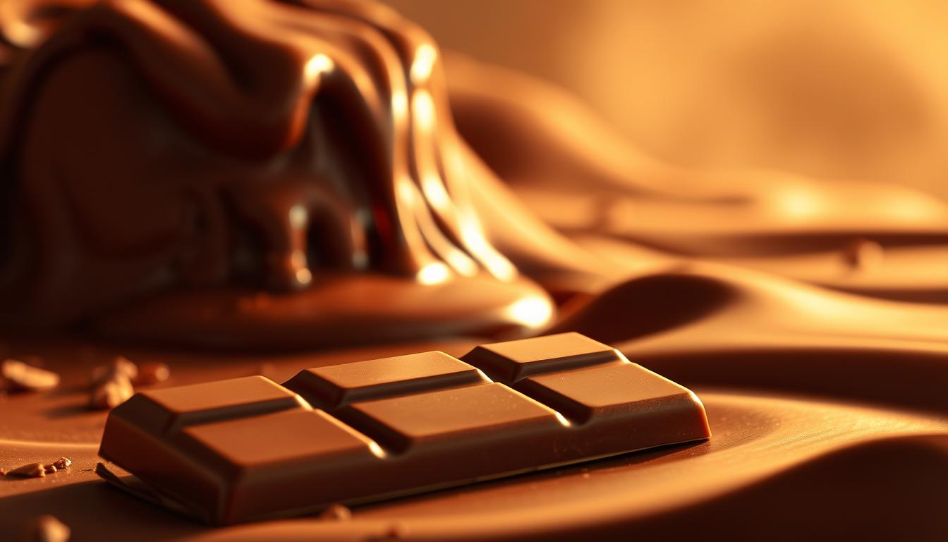 Milk chocolate squares stacked neatly on a wooden table with a rustic background.