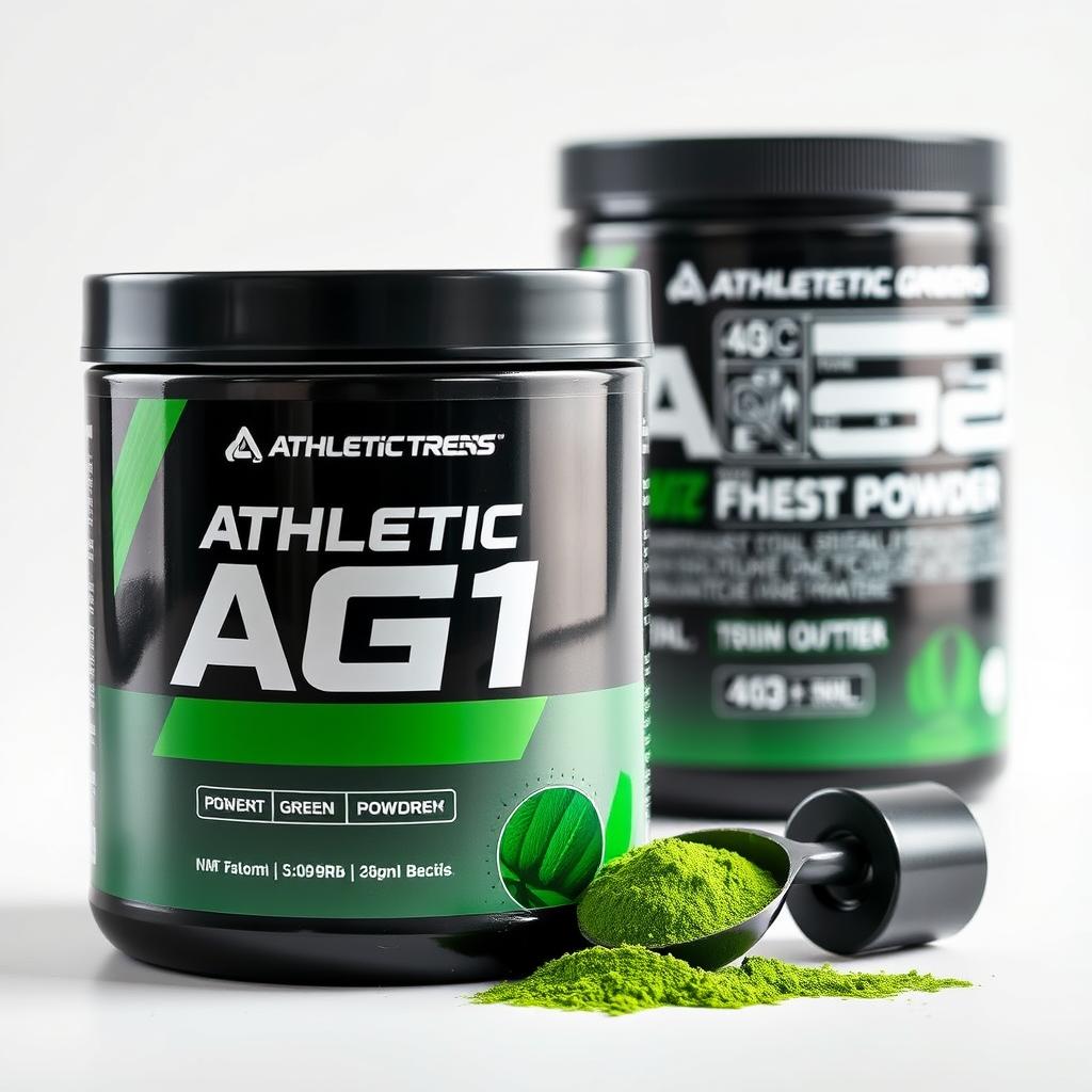 Athletic Greens AG1 container with a scoop of green powder