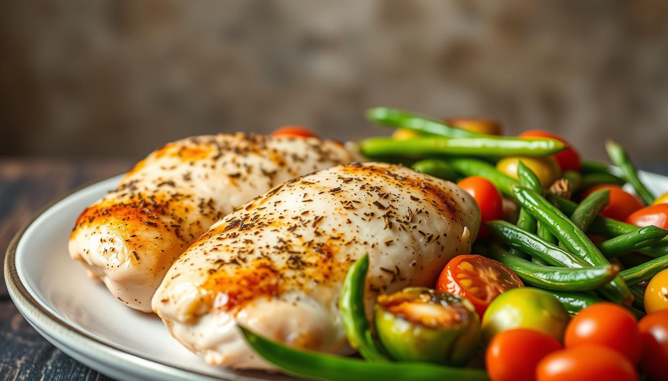 A sumptuous low-carb chicken dish, artfully composed against a muted, earthy backdrop. In the foreground, tender chicken breasts seasoned with a fragrant blend of herbs and spices, seared to a golden-brown perfection. Surrounding the centerpiece, an array of vibrant, low-carb vegetables - crisp green beans, roasted Brussels sprouts, and juicy cherry tomatoes. Soft lighting casts a warm, comforting glow, accentuating the dish's rich textures and natural colors. The image conveys a sense of culinary mastery and wholesome, satisfying flavors - a testament to the magic of low-carb chicken recipes that truly satisfy cravings.