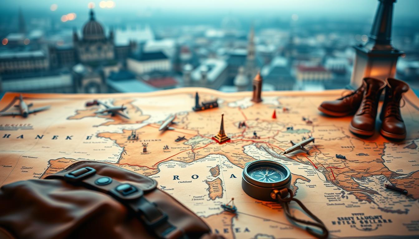 A detailed European backpacking itinerary laid out on a vintage world map, illuminated by warm ambient lighting. In the foreground, a weathered leather backpack and a compass resting on the map's surface. The middle ground features various travel icons like airplanes, trains, and hiking boots, meticulously arranged to outline the 10-day journey. In the background, a softly blurred cityscape with iconic European landmarks emerges, evoking the sense of adventure and discovery. The overall composition exudes a rustic, adventurous tone, reflecting the spirit of backpacking through Europe.