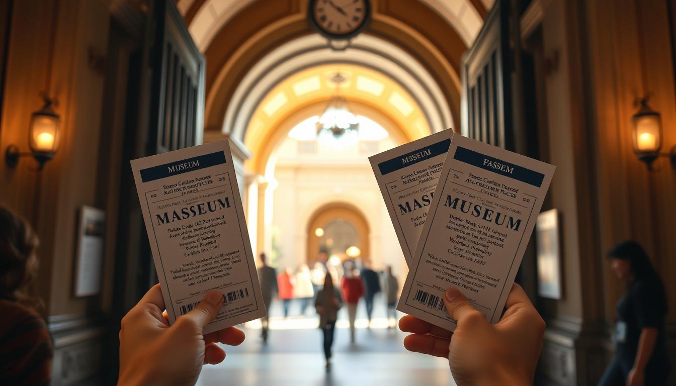 A beautifully lit scene of a San Jose museum entrance, with a warm, inviting atmosphere. In the foreground, a pair of hands holding museum passes, their fingers gently caressing the crisp, official-looking documents. The middle ground features a grand, ornate archway leading into the museum, its intricate details illuminated by soft, natural light. In the background, a bustling city street is visible, with people hurrying about, hinting at the hidden world of free museum access programs waiting to be discovered.