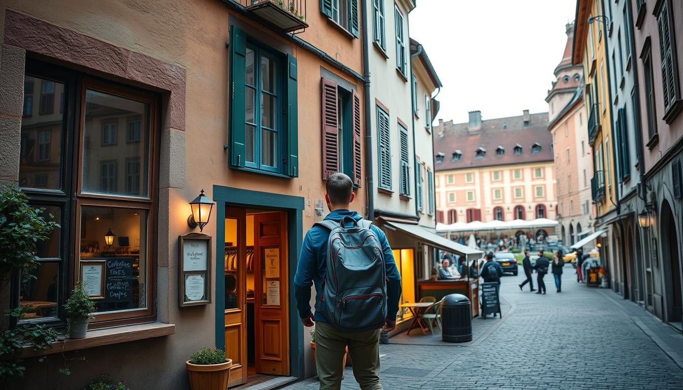 A cozy hostel exterior, its colorful facade nestled between winding cobblestone streets and charming European architecture. A backpacker stands at the entrance, their pack slung over their shoulder, ready to explore the nearby market stalls and cafes. Warm, diffused lighting casts a soft glow, evoking the relaxed, budget-friendly vibe of backpacking through the continent. In the background, a picturesque town square with historic landmarks serves as the perfect backdrop, hinting at the cultural richness waiting to be discovered.