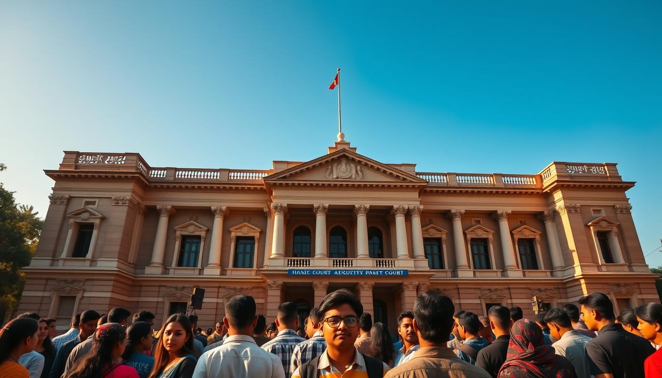 Gauhati High Court, an imposing building with a neoclassical architectural style, standing tall against a clear blue sky. The facade features ornate columns and intricate carvings, exuding an aura of authority and tradition. In the foreground, a group of aspirants gathers, their faces filled with anticipation and determination, as they await the selection process for the coveted Judicial Assistant Accountant (JAA) positions. The scene is bathed in warm, golden sunlight, casting subtle shadows and highlighting the intricate details of the court's design. The overall atmosphere conveys a sense of opportunity, professionalism, and the pursuit of a prestigious career in the legal system.
