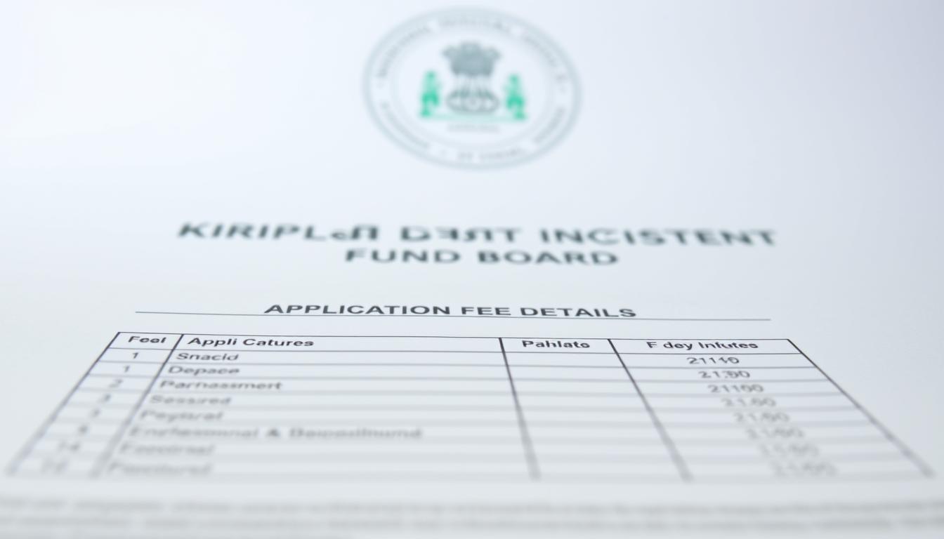 A detailed, high-resolution image depicting the application fee details for KIIFB (Kerala Infrastructure Investment Fund Board). The foreground shows a clean, organized table or form displaying the fee structure, with clear headers and numerical values. The middle ground features a government seal or emblem, conveying the official nature of the document. The background has a subtle gradient or texture, suggesting an administrative or bureaucratic setting. The lighting is soft and even, creating a professional, authoritative atmosphere. The entire composition is framed in a slightly low angle, emphasizing the importance and gravitas of the subject matter.
