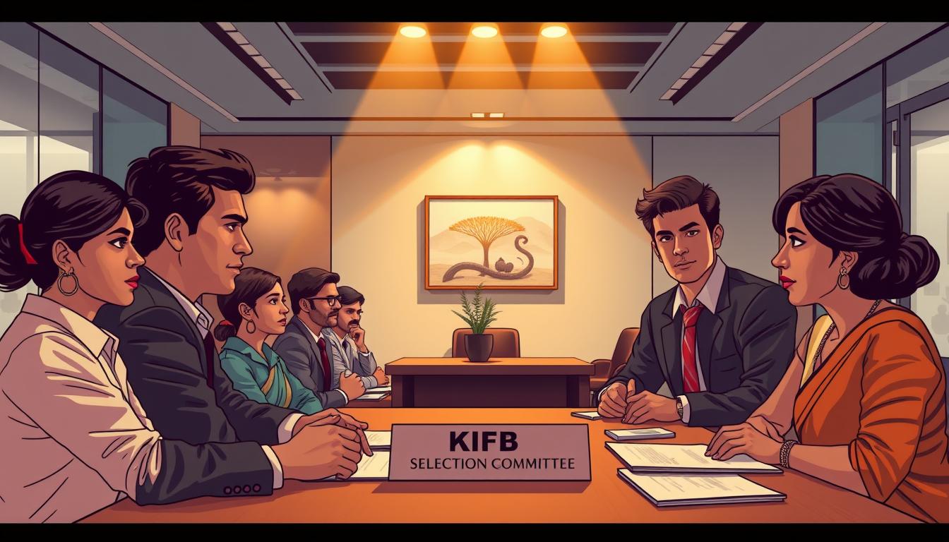 Detailed illustration of the KIIFB selection process. Warm, authoritative tone. Foreground depicts a group of individuals undergoing a structured interview, their expressions focused and determined. Middle ground showcases a table with application forms, stationery, and a nameplate reading "KIIFB Selection Committee". In the background, a sleek, modern office environment with clean lines, large windows, and subtle Kerala-inspired artwork. Dramatic lighting from above casts a professional, high-stakes atmosphere. Cinematic camera angle slightly elevated to convey the gravity of the decision-making process. Overall, a compelling visual representation of the KIIFB recruitment journey.