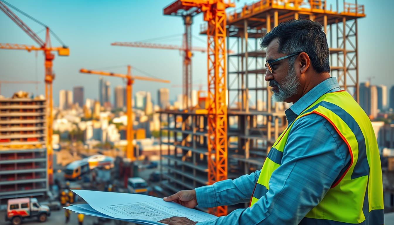A professional construction site in a bustling Indian city, with a resident engineer overseeing the complex web of infrastructure projects. In the foreground, the engineer reviews blueprints, surrounded by the hum of machinery and the bustle of workers in high-visibility vests. The middle ground showcases the construction in progress - cranes, scaffolding, and the skeletal frames of future buildings. In the background, a vibrant cityscape of skyscrapers and rooftops, bathed in warm, golden afternoon light that casts long shadows across the scene. The atmosphere is one of focused productivity, as the resident engineer coordinates the many moving parts of this large-scale development.