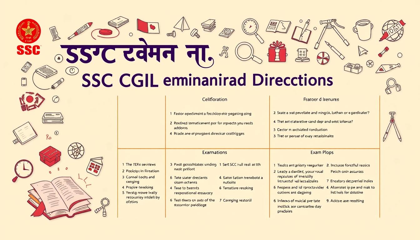 A visually striking illustration depicting the key guidelines and directions for the SSC CGL examination. Set against a warm, earthy color palette, the foreground features a large, ornate, decorative title "SSC CGL Examination Directions" rendered in a traditional Indian calligraphic style. Surrounding the title are detailed icons and symbols representing various aspects of the exam, such as test books, scrolls, magnifying glasses, and compasses. The middle ground showcases exam-related information organized into clean, structured sections with concise, easy-to-read bullet points. The background is a subtle, textured pattern evoking a sense of academia and professionalism. The overall composition conveys a sense of authority, guidance, and crucial information for candidates preparing for the SSC CGL exam.