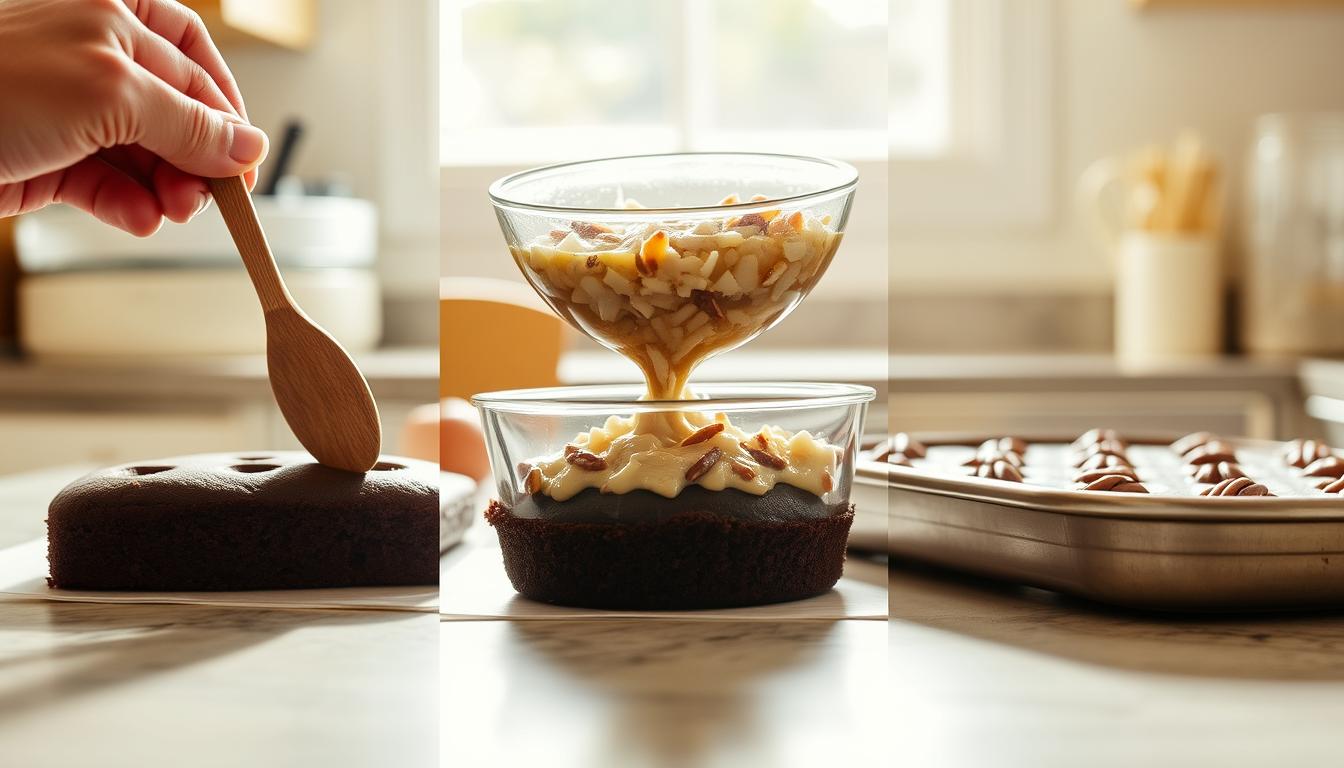 A warm, well-lit kitchen scene showing the step-by-step baking process of a German Chocolate Poke Cake. In the foreground, a hand slowly pokes holes in a freshly baked chocolate cake using the handle of a wooden spoon. The middle ground features a bowl of coconut-pecan filling being poured evenly over the cake, with the filling seeping into the holes. In the background, a shiny metal baking pan reflects the bright natural light from a nearby window, casting a soft glow on the scene. The overall mood is cozy and inviting, capturing the homemade appeal of this classic dessert.