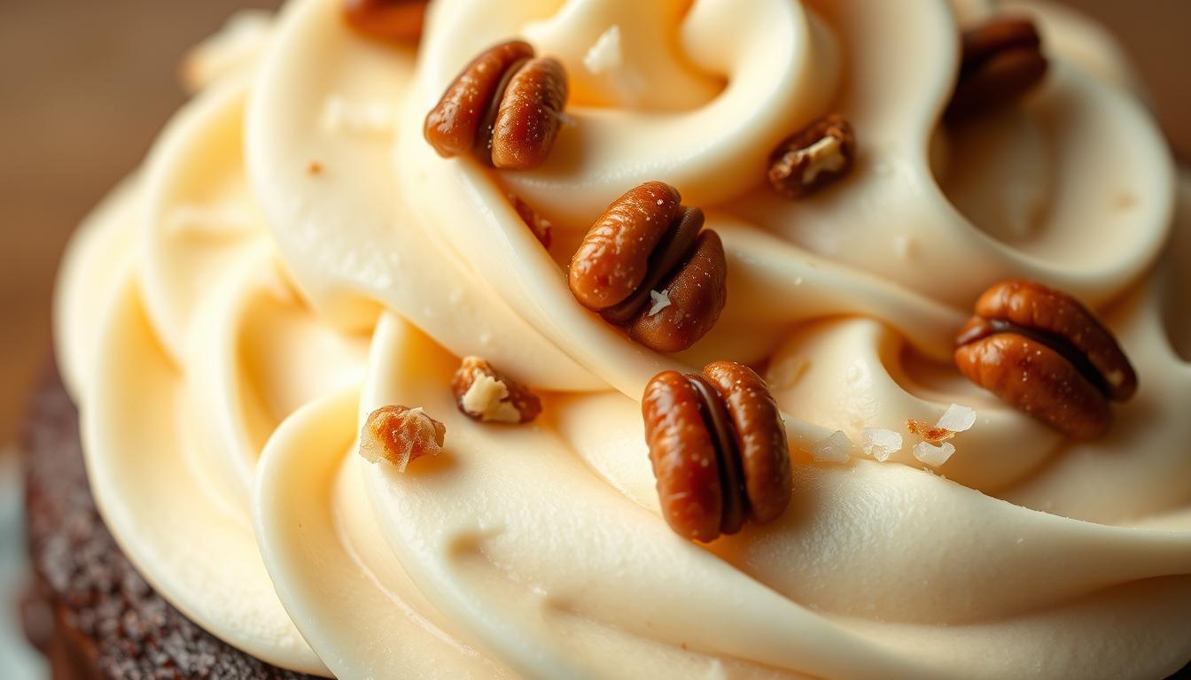 A mouthwatering close-up of freshly piped coconut pecan frosting. The frosting is a rich, creamy mixture of shredded coconut, toasted pecans, and a silky vanilla buttercream. The texture is smooth and inviting, with visible flecks of toasted nuts throughout. The frosting is generously piled atop a dark, decadent cake, creating a visually striking contrast. Soft, diffused lighting casts a warm glow, highlighting the frosting's luxurious sheen. The camera angle is slightly elevated, allowing the viewer to fully appreciate the frosting's luxurious, swirling texture and irresistible flavor.