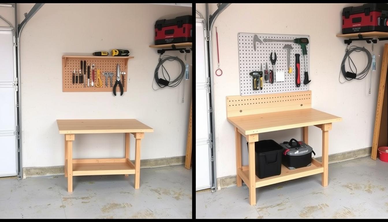 Folding workbench against garage wall with organized tools showing space-saving garage organization ideas