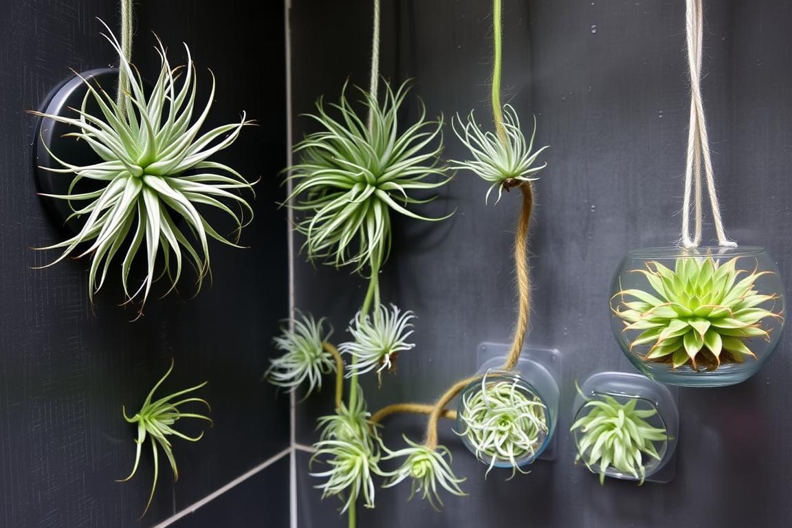 Collection of air plants displayed in a shower environment