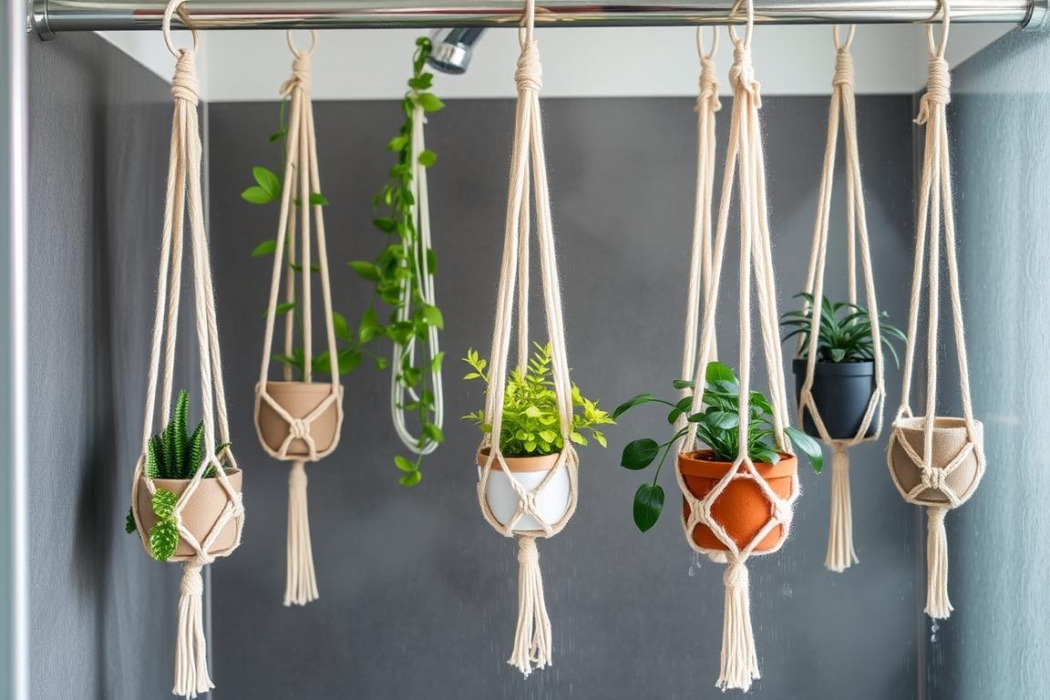Hanging macrame plant holders in a shower with plants