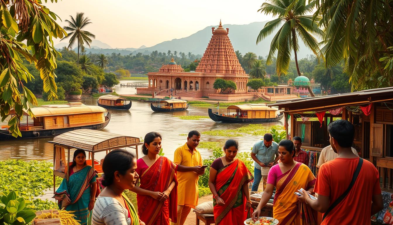 a vibrant and immersive South Indian landscape, featuring a serene backwater scene with traditional houseboats gently gliding across tranquil waters surrounded by lush, verdant foliage. In the foreground, a group of travelers explore local culture, interacting with friendly vendors in a bustling open-air market, browsing handcrafted textiles and sampling authentic regional cuisine. In the middle ground, a historic temple complex stands tall, its intricate architecture bathed in warm, golden sunlight. In the distance, rolling hills and distant mountains create a picturesque backdrop, conveying a sense of adventure and exploration. The overall mood is one of cultural immersion, wonder, and a deep connection to the rich heritage of South India.