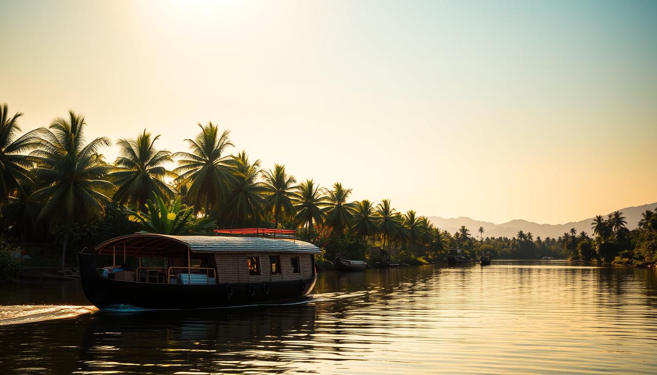 A serene, sun-dappled scene of the Kerala Backwaters. In the foreground, a traditional Kerala houseboat, its thatched roof gently swaying, glides across the still, mirror-like waters. The middle ground is dotted with lush, verdant palm trees and vibrant tropical foliage, casting soft, filtered shadows. In the background, the hazy silhouettes of distant hills and a clear, azure sky create a tranquil, picturesque landscape. The warm, golden light bathes the entire scene, infusing it with a sense of tranquility and timelessness. The overall atmosphere evokes the beauty, peacefulness, and cultural richness of this iconic South Indian destination.