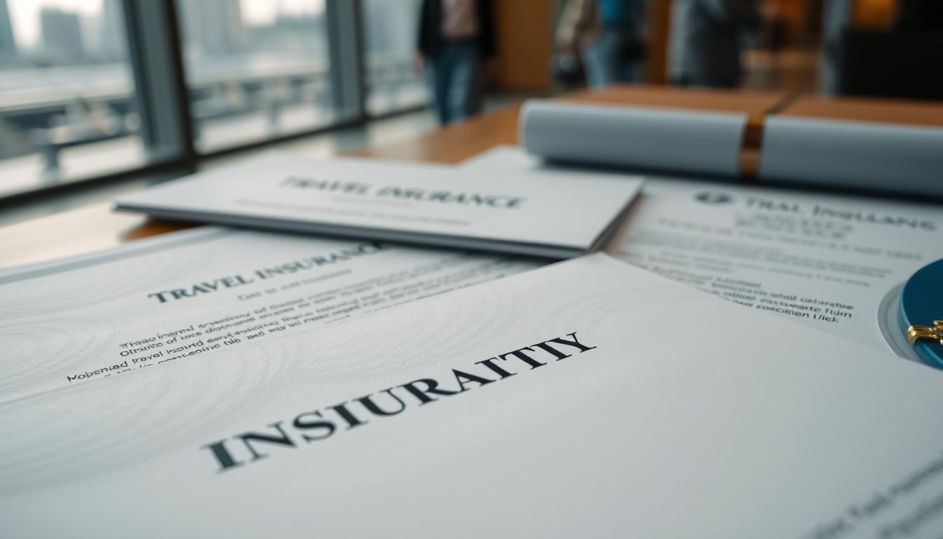 A close-up shot of various travel insurance documents, including a policy, certificate, and brochure, arranged neatly on a wooden desk. The documents have a tactile, premium feel, with embossed logos and glossy surfaces. Soft, diffused lighting illuminates the scene, creating a sense of professionalism and reliability. In the background, a blurred cityscape or airport terminal scene suggests the context of travel and the importance of protecting one's trip. The overall mood is one of thoughtfulness, attention to detail, and the reassurance that comes with comprehensive trip protection insurance.