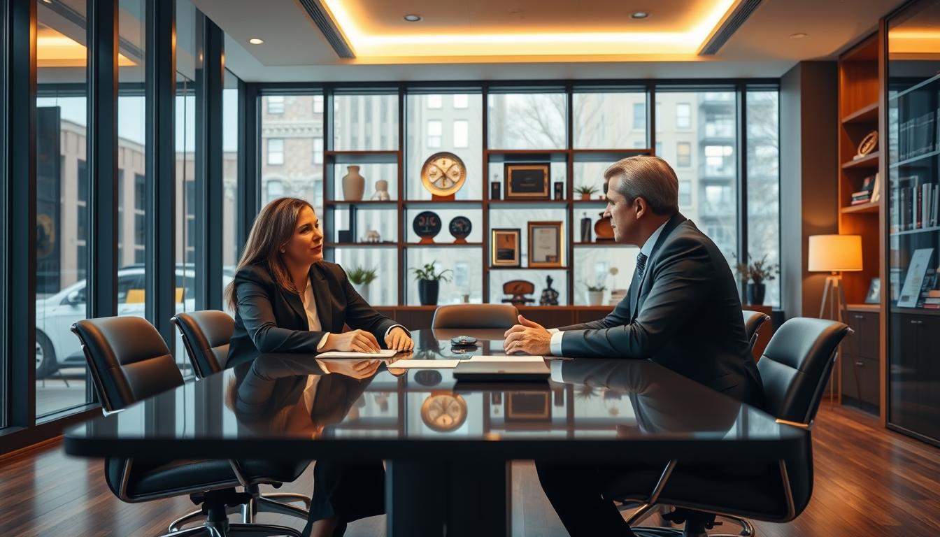 A sleek, modern law office interior with floor-to-ceiling windows. In the foreground, two bicycle accident attorneys, a man and a woman, are sitting at a large conference table, engaged in a serious discussion with a client. They are dressed professionally in suits, exuding confidence and expertise. The lighting is warm and natural, casting a soft glow on the scene. The background features bookshelves, awards, and other accents that convey the attorneys' experience and credibility. The overall mood is one of trust, competence, and a commitment to providing the best possible legal representation for their cycling accident clients.