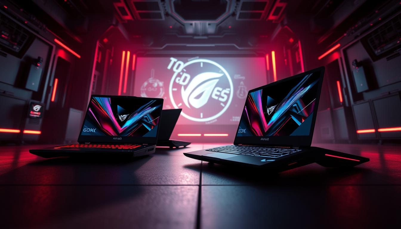 Sleek, high-performance gaming laptops for dedicated players, capturing the essence of immersive gameplay. Showcased against a backdrop of a dimly lit, futuristic tech setting, the laptops feature bold designs with vibrant RGB lighting, angular edges, and powerful hardware components. Positioned centrally, the laptops are captured from a low, dramatic angle, casting dynamic shadows and highlighting their premium, cutting-edge aesthetics. The overall scene conveys a sense of power, sophistication, and the thrill of the ultimate gaming experience.