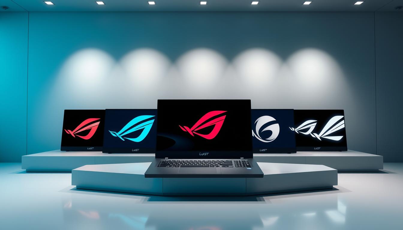 A high-angle shot of a sleek, modern gaming laptop display showcasing the logos of the top gaming laptop brands. The brands are prominently featured against a clean, minimalist background with subtle lighting and soft shadows, creating a sense of elegance and professionalism. The composition is balanced and visually appealing, highlighting the quality and prestige of the featured brands. The image conveys a sense of power, performance, and technological innovation, capturing the essence of the gaming laptop market.