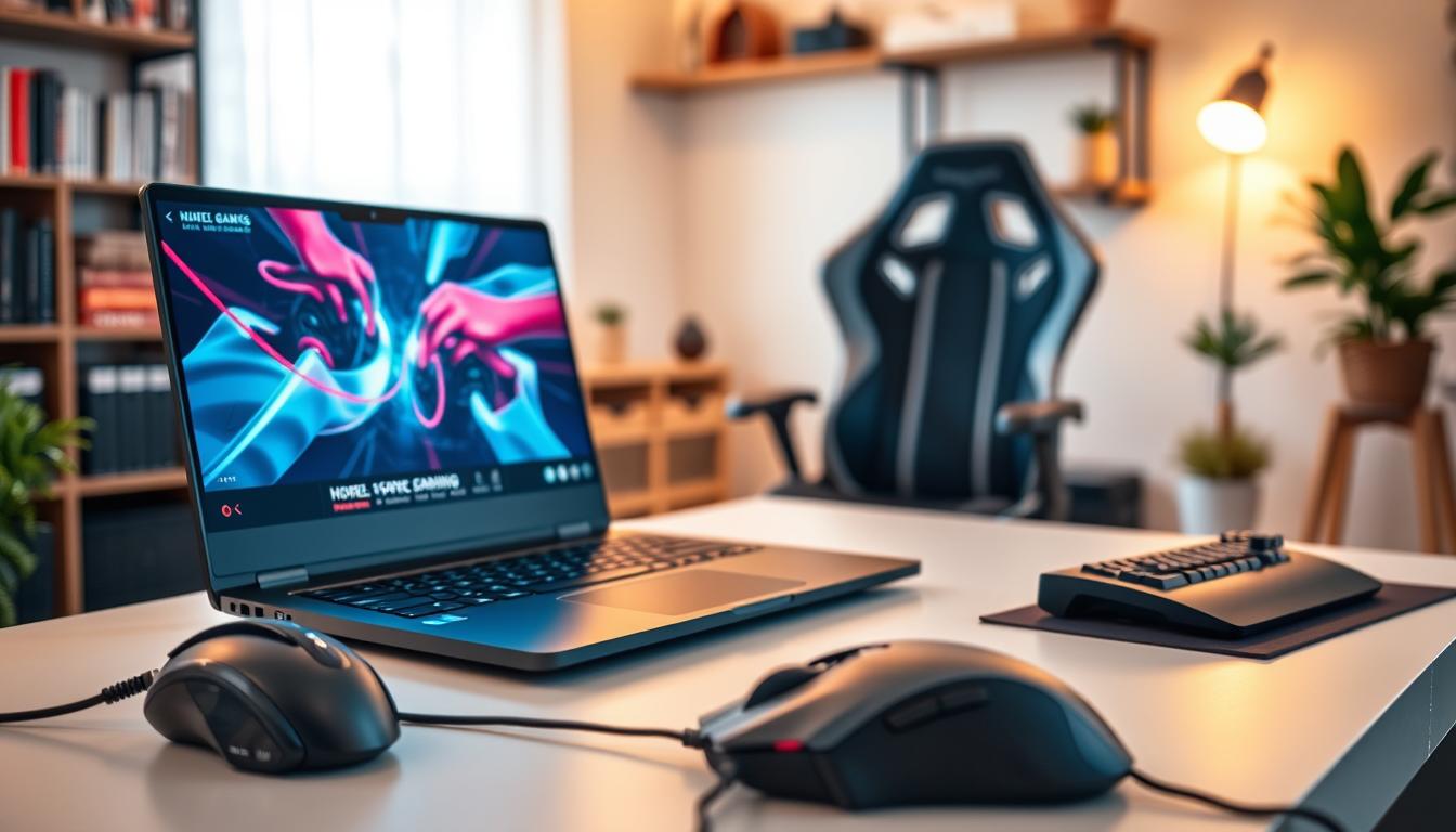 A sleek, modern gaming laptop rests on a minimalist desk, its screen showcasing vibrant visuals. In the foreground, various gaming peripherals like a high-performance mouse and keyboard are neatly arranged, highlighting the laptop's versatility. The middle ground features a stylish, ergonomic chair, suggesting the laptop's comfort and portability for extended gaming sessions. The background depicts a well-lit, cozy home office setting, with shelves of books and a plant, conveying the laptop's potential for productivity and entertainment. Warm, soft lighting and a touch of ambient blur create a welcoming, immersive atmosphere, inviting the viewer to experience the benefits of a gaming laptop.
