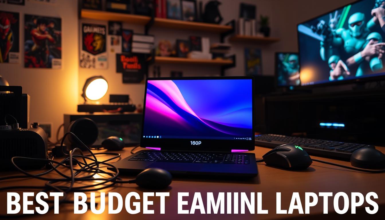 A dimly lit room, soft ambient lighting casts a warm glow on a cluttered desk. In the foreground, a sleek, slim gaming laptop with a vibrant 1080p display takes center stage. Subtle RGB lighting accents its modern, minimalist design. Surrounding it, a tangle of cables, a gaming mouse, and a compact mechanical keyboard - the hallmarks of a budget-friendly yet capable gaming setup. In the background, shelves brimming with gaming memorabilia and a large monitor provide a glimpse into the owner's passion for gaming. The scene conveys a sense of focus and determination, perfectly suited for the &amp;quot;Best Budget Gaming Laptops&amp;quot; section of the article.