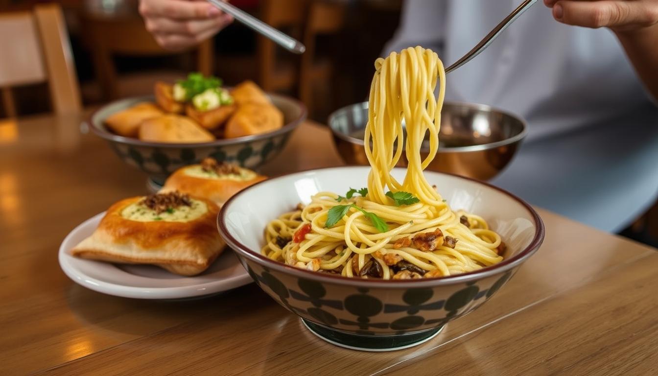 Image of Etles' leghmen noodles and samsa